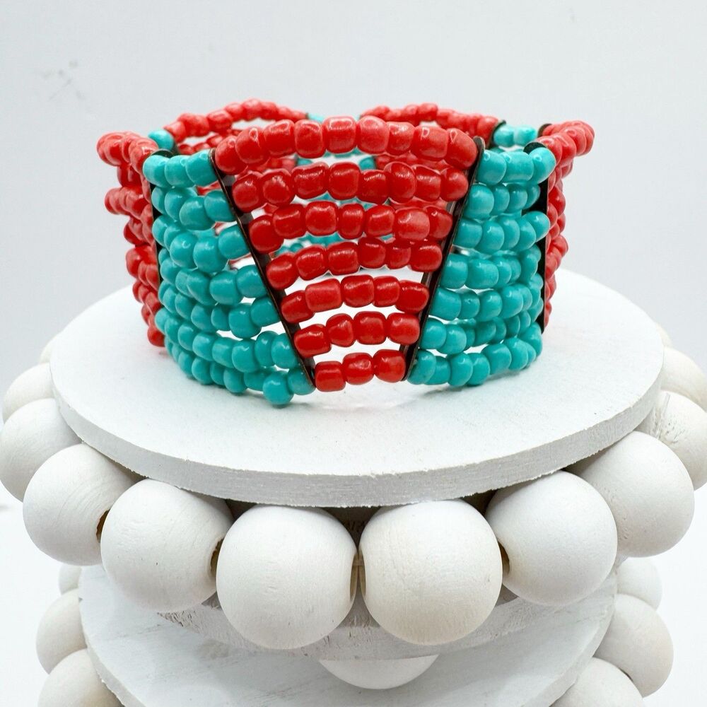 Coral Turquoise Glass Seed Bead Color Block Stretch Bracelet Boho Southwest